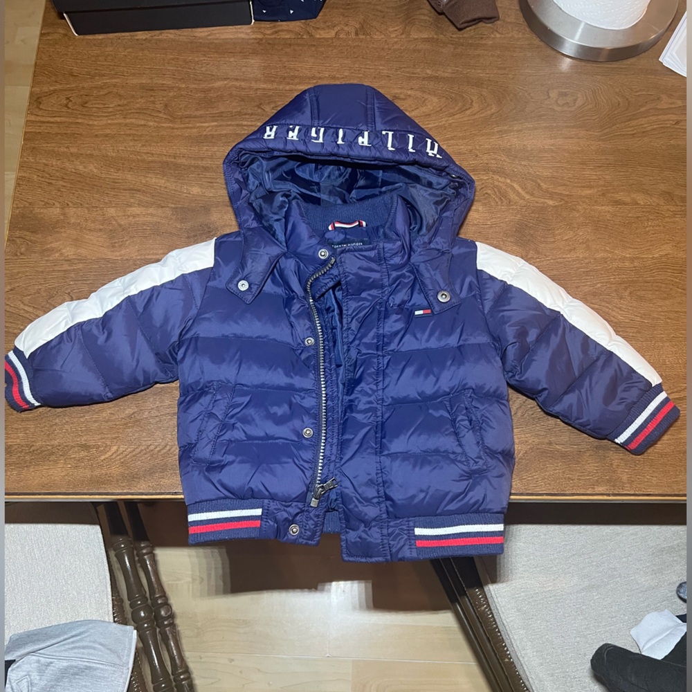 Tommy Hilfiger Blue Puffer Jacket with Red and White Stripes